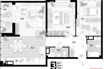 Фото №3: 3-комнатная квартира 69 м² - Краснодар, мкр. жилой комплекс Самолёт-3, ул. Ивана Беличенко, 87