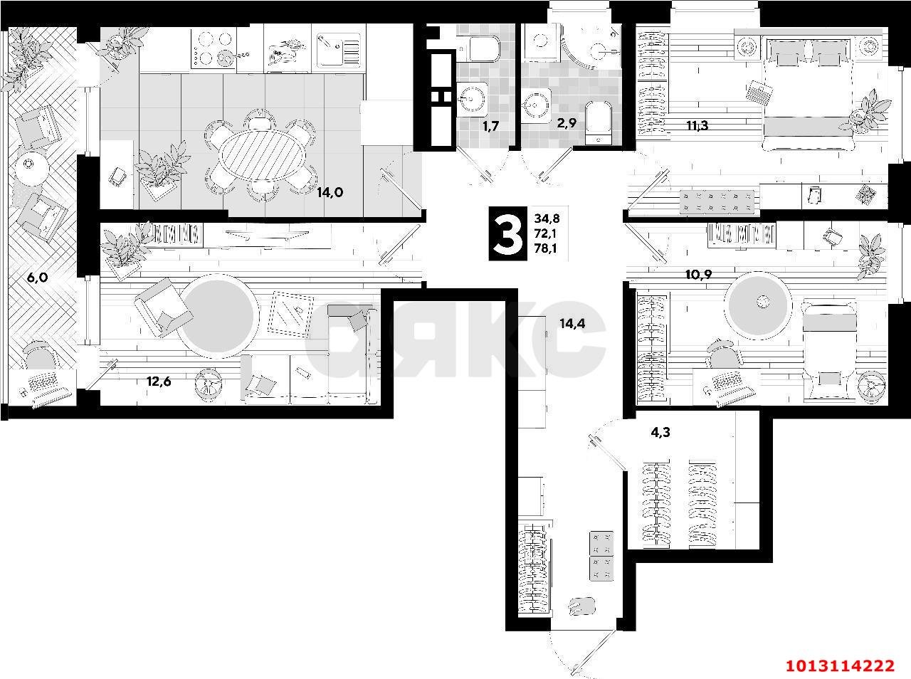 Фото №20: 3-комнатная квартира 78 м² - Краснодар, жилой комплекс Самолёт-2, ул. Западный Обход, 57сК