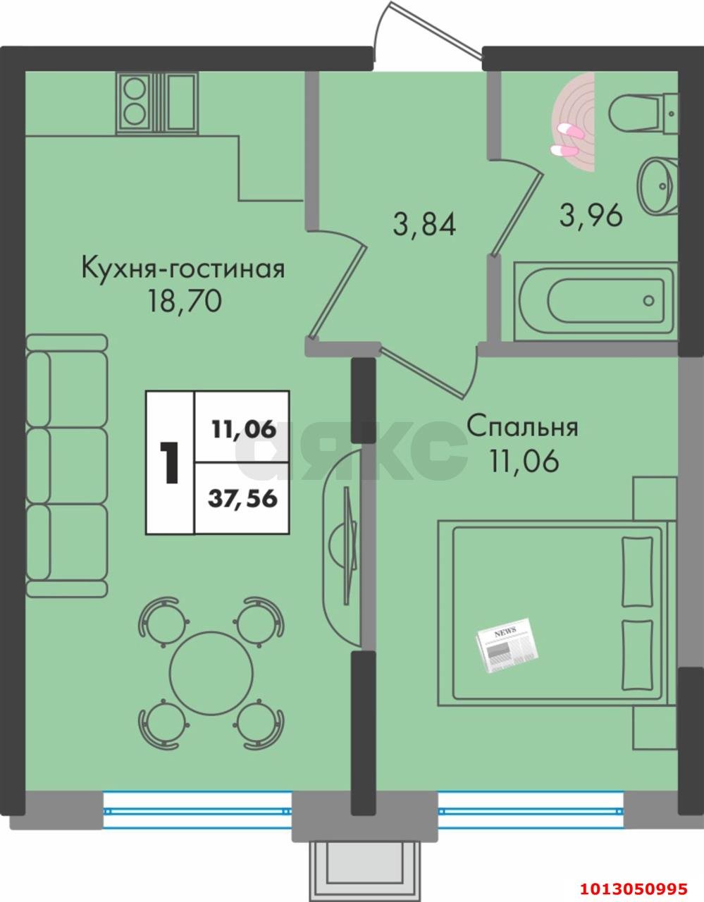 Фото №7: 1-комнатная квартира 39 м² - Краснодар, жилой комплекс Зелёная Территория, ул. имени Генерала Брусилова, 5лит1.1