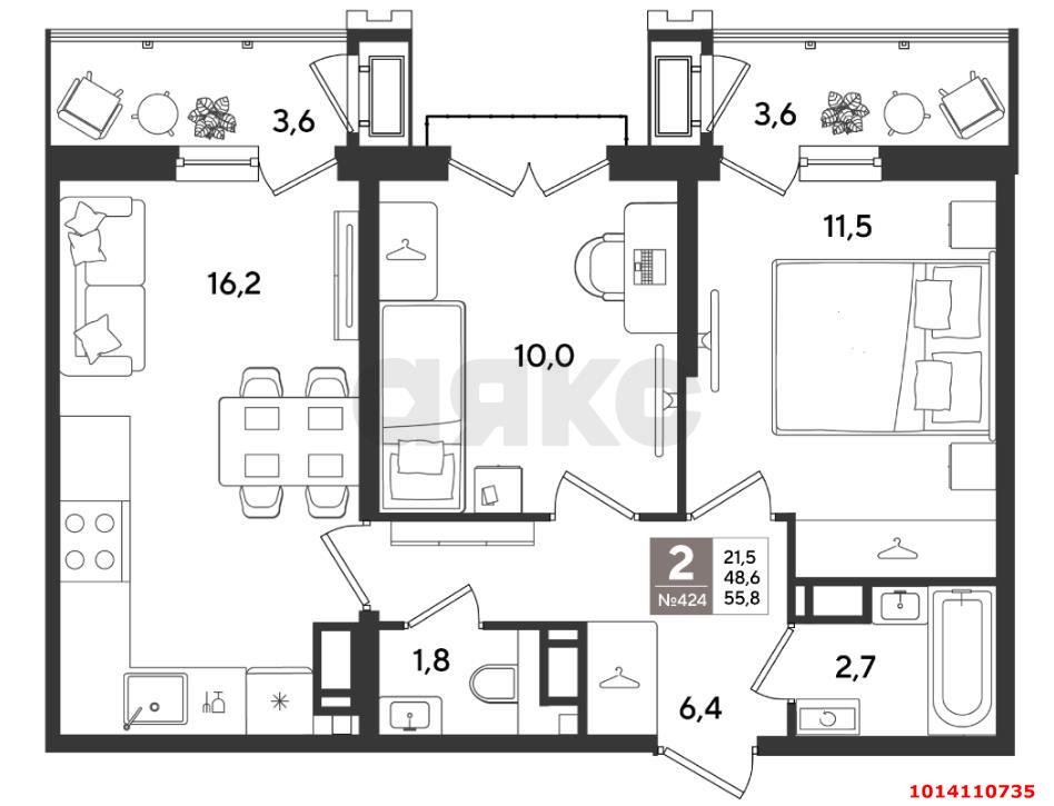 Фото №5: 2-комнатная квартира <span class="whitespace-nowrap">55 м²</span>, <span class="whitespace-nowrap">21/24 эт.</span> - Краснодар, Карасунский внутригородской округ, Черёмушки, мкр. ЖК Рекорд