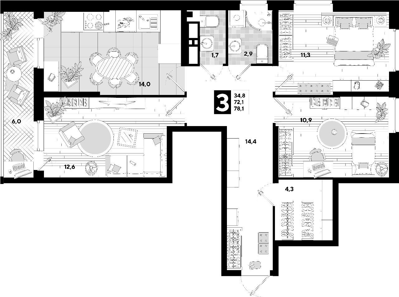Фото №16: 3-комнатная квартира 78 м² - Краснодар, Прикубанский внутригородской округ, мкр. жилой комплекс Самолёт-5, ул. Ивана Беличенко, 103/1