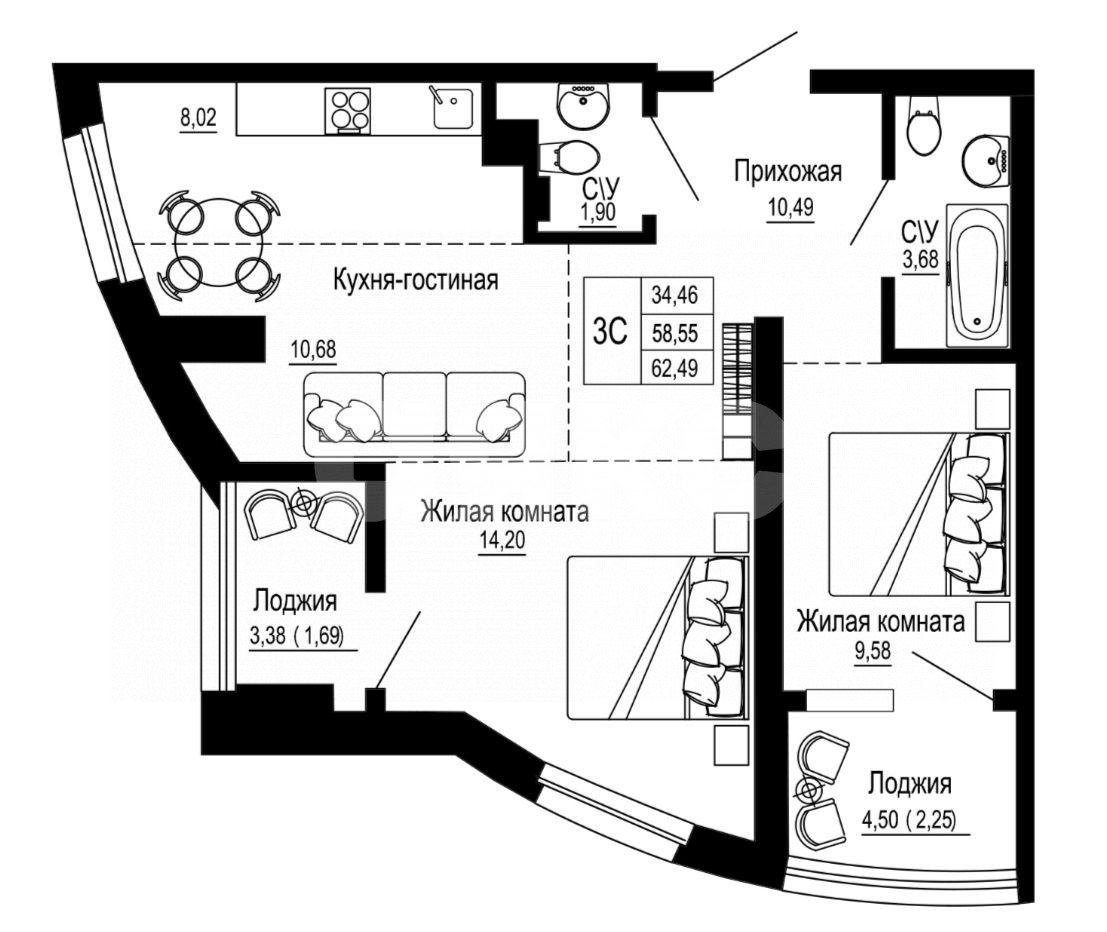 Фото №1: 3-комнатная квартира 62 м² - Ростов-на-Дону, жилой комплекс Донская Слобода, ул. Привокзальная, 3/1