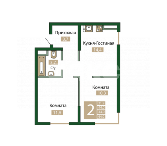 Фото №1: 2-комнатная квартира 44 м² - Молодёжное, жилой комплекс Солнечный Парк, ул. Парковая, уч4