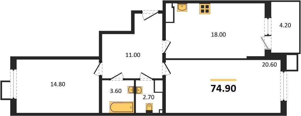 Фото №1: 2-комнатная квартира 74 м² - Краснодар, Прикубанский внутригородской округ, мкр. Парк Победы