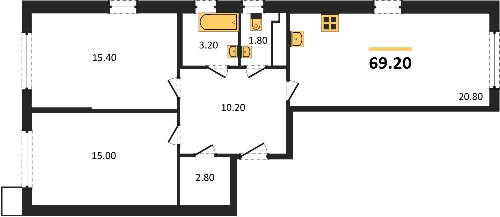 Фото №1: 2-комнатная квартира 69 м² - Краснодар, Прикубанский внутригородской округ, мкр. Парк Победы