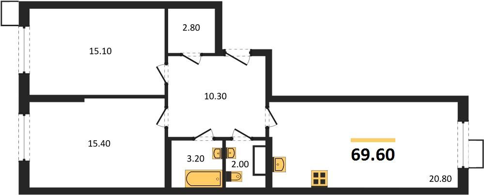 Фото №1: 2-комнатная квартира 69 м² - Краснодар, Прикубанский внутригородской округ, мкр. Парк Победы, ул. имени Героя Дангириева, 2к1
