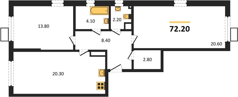 Фото №1: 2-комнатная квартира 72 м² - Краснодар, Прикубанский внутригородской округ, мкр. Парк Победы