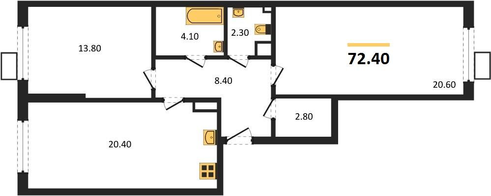 Фото №1: 2-комнатная квартира 72 м² - Краснодар, Прикубанский внутригородской округ, мкр. Парк Победы