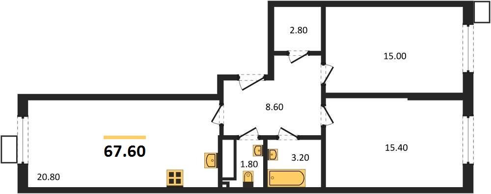 Фото №1: 2-комнатная квартира 67 м² - Краснодар, Прикубанский внутригородской округ, мкр. Парк Победы
