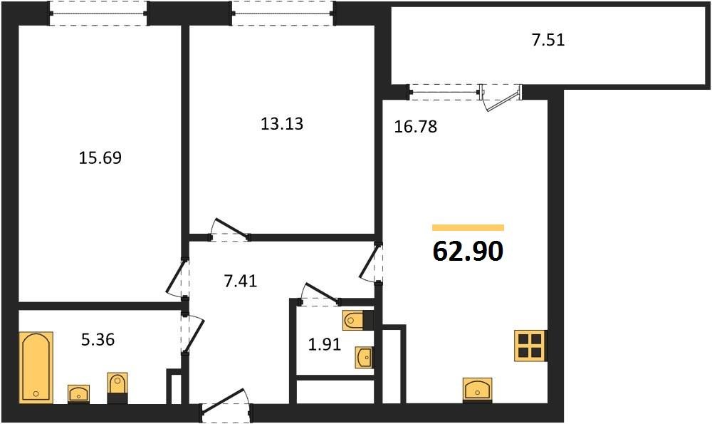 Фото №1: 2-комнатная квартира 62 м² - Краснодар, Прикубанский внутригородской округ, мкр. жилой комплекс Друзья, ул. имени Генерала Брусилова, 28к4