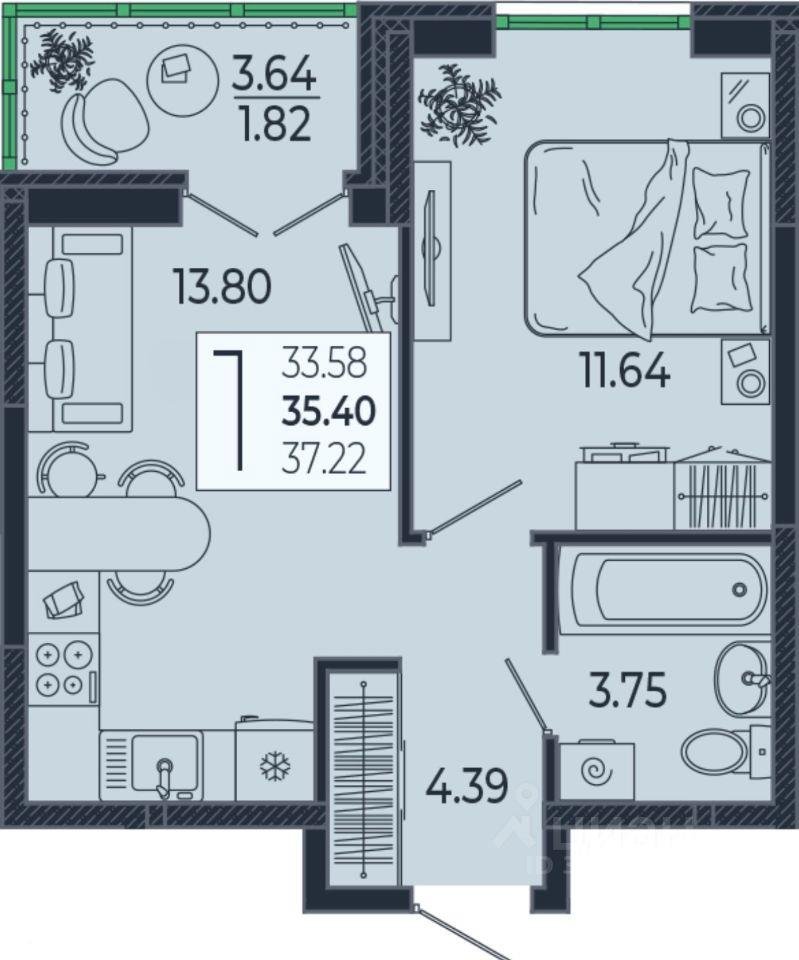 Фото №5: 1-комнатная квартира 35 м² - Краснодар, Прикубанский внутригородской округ, мкр. Россинского, б-р Адмиралтейский, 1