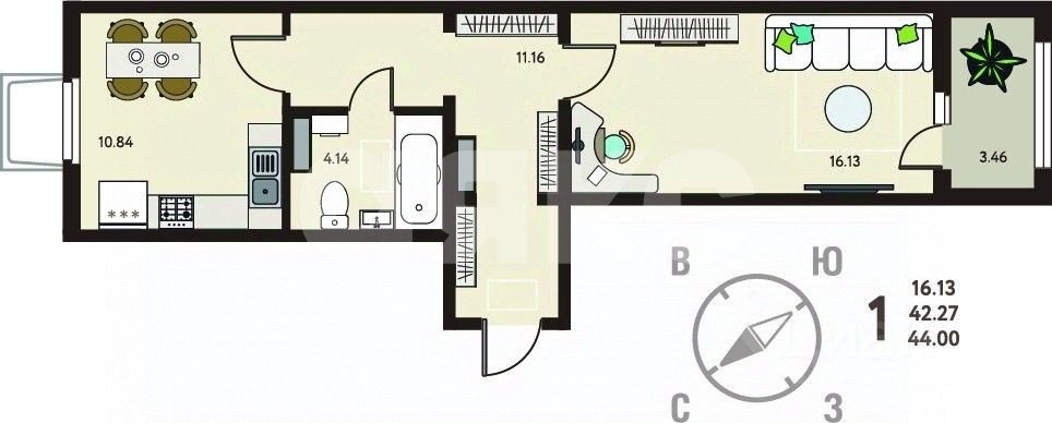 Фото №2: 1-комнатная квартира 44 м² - Липецк, Октябрьский округ, ул. Механизаторов, 15Авл1
