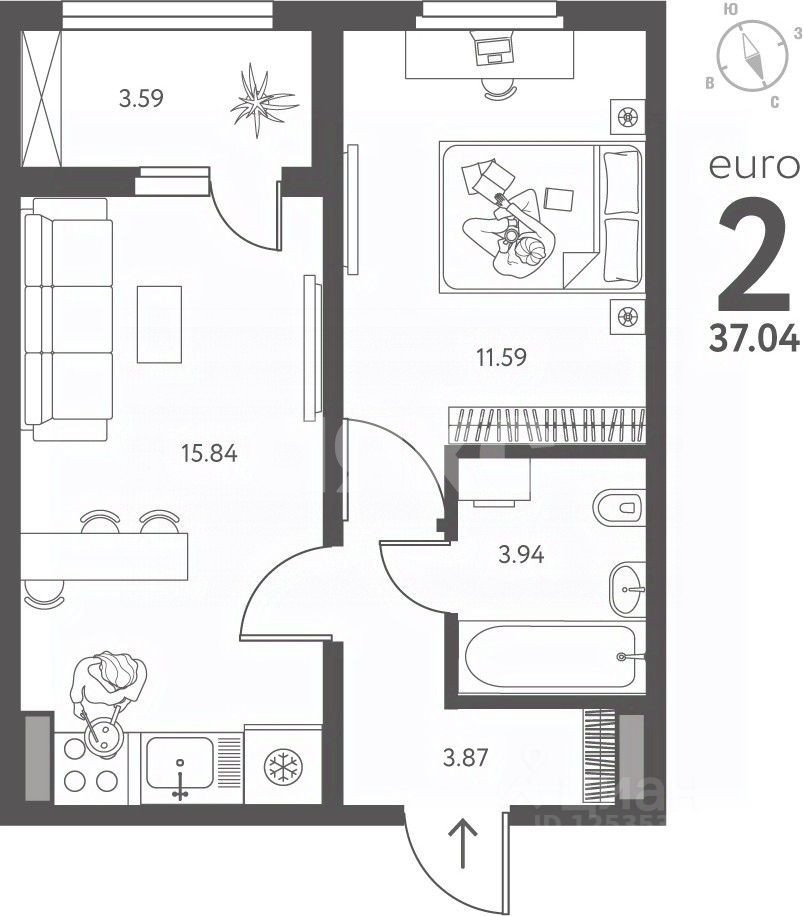 Фото №2: 2-комнатная квартира 37 м² - Липецк, Октябрьский округ, ул. Перова, 11