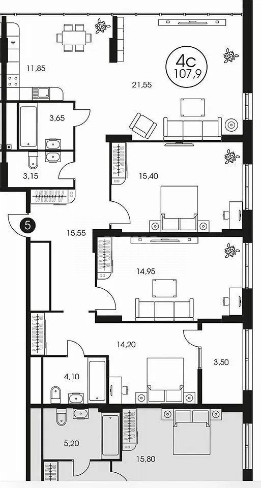 Фото №4: 4-комнатная квартира 107 м² - Ростов-на-Дону, жилой комплекс Космос, ул. Красноармейская, 250