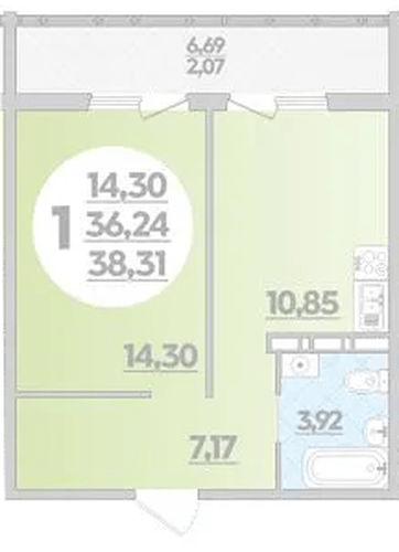 Фото №1: 1-комнатная квартира 38 м² - Краснодар, жилой комплекс Квартал № 6, 
