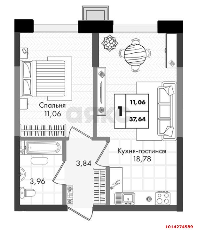 Фото №2: 1-комнатная квартира 38 м² - Краснодар, жилой комплекс Зелёная Территория, ул. имени Генерала Брусилова, 5лит1.1