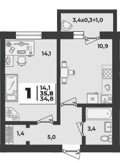Фото №1: 1-комнатная квартира 35 м² - Новая Адыгея, мкр. жилой комплекс Дарград