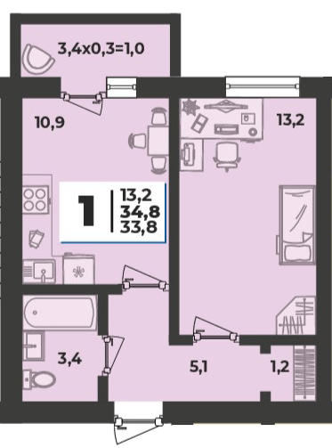 Фото №1: 1-комнатная квартира 34 м² - Новая Адыгея, мкр. жилой комплекс Дарград