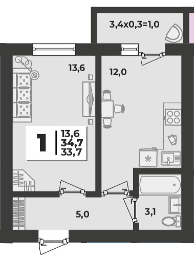 Фото №1: 1-комнатная квартира 34 м² - Новая Адыгея, жилой комплекс Дарград, 