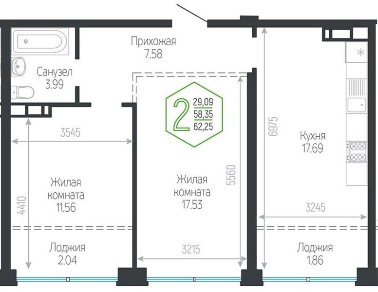 Фото №1: 2-комнатная квартира 62 м² - Краснодар, Центральный внутригородской округ, мкр. Черёмушки