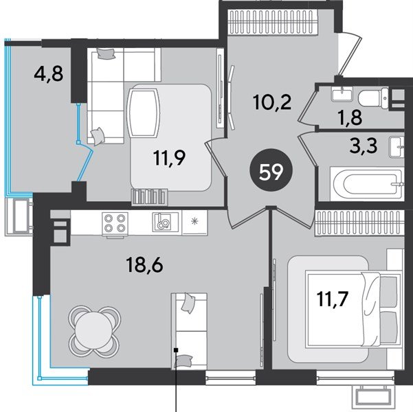Фото №1: 2-комнатная квартира 62 м² - Краснодар, Прикубанский внутригородской округ, мкр. Парк Победы