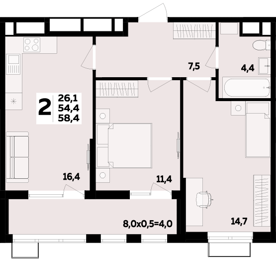 Фото №1: 2-комнатная квартира 58 м² - Яблоновский, мкр. ЖК Мегасити
