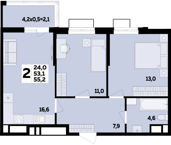 Фото №1: 2-комнатная квартира 55 м² - Яблоновский, мкр. ЖК Мегасити