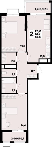 Фото №1: 2-комнатная квартира 65 м² - Яблоновский, мкр. ЖК Мегасити