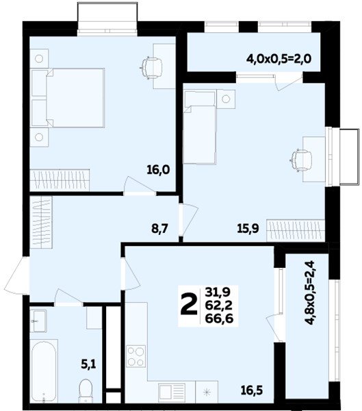 Фото №1: 2-комнатная квартира 66 м² - Яблоновский, мкр. ЖК Мегасити