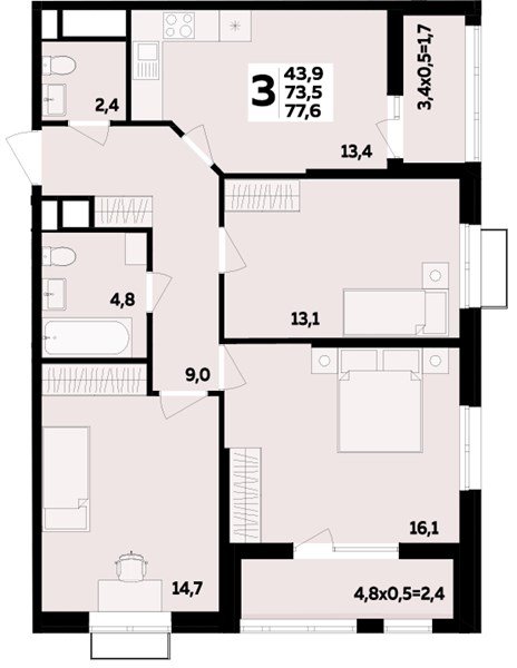 Фото №1: 3-комнатная квартира 77 м² - Яблоновский, мкр. ЖК Мегасити