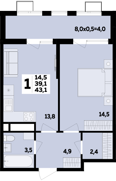 Фото №1: 1-комнатная квартира 43 м² - Новая Адыгея, 