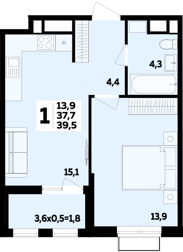 Фото №1: 1-комнатная квартира 39 м² - Новая Адыгея, 