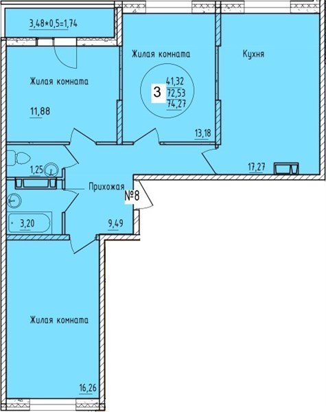 Фото №1: 3-комнатная квартира 74 м² - Краснодар, мкр. Карасунский внутригородской округ