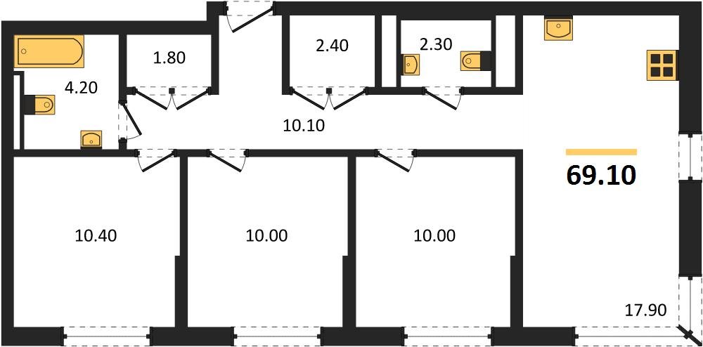 Фото №1: 3-комнатная квартира 69 м² - Краснодар, квартал Самолёт, жилой комплекс Самолёт-7, мкр. Прикубанский внутригородской округ