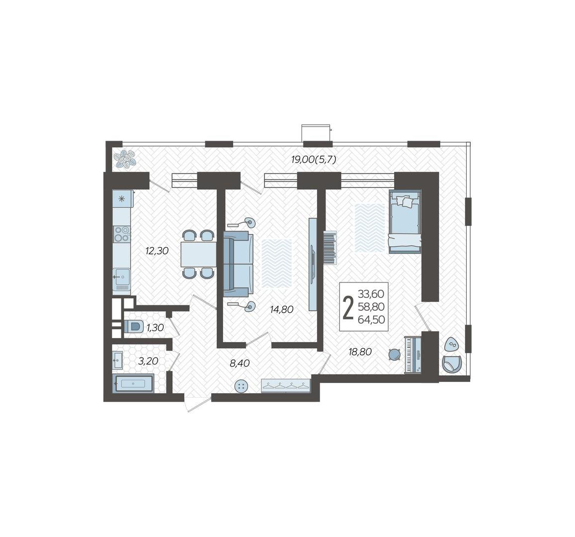 Фото №10: 2-комнатная квартира 70 м² - Краснодар, Прикубанский внутригородской округ, жилой комплекс Небо, мкр. 9-й километр, ул. Ярославская, 115