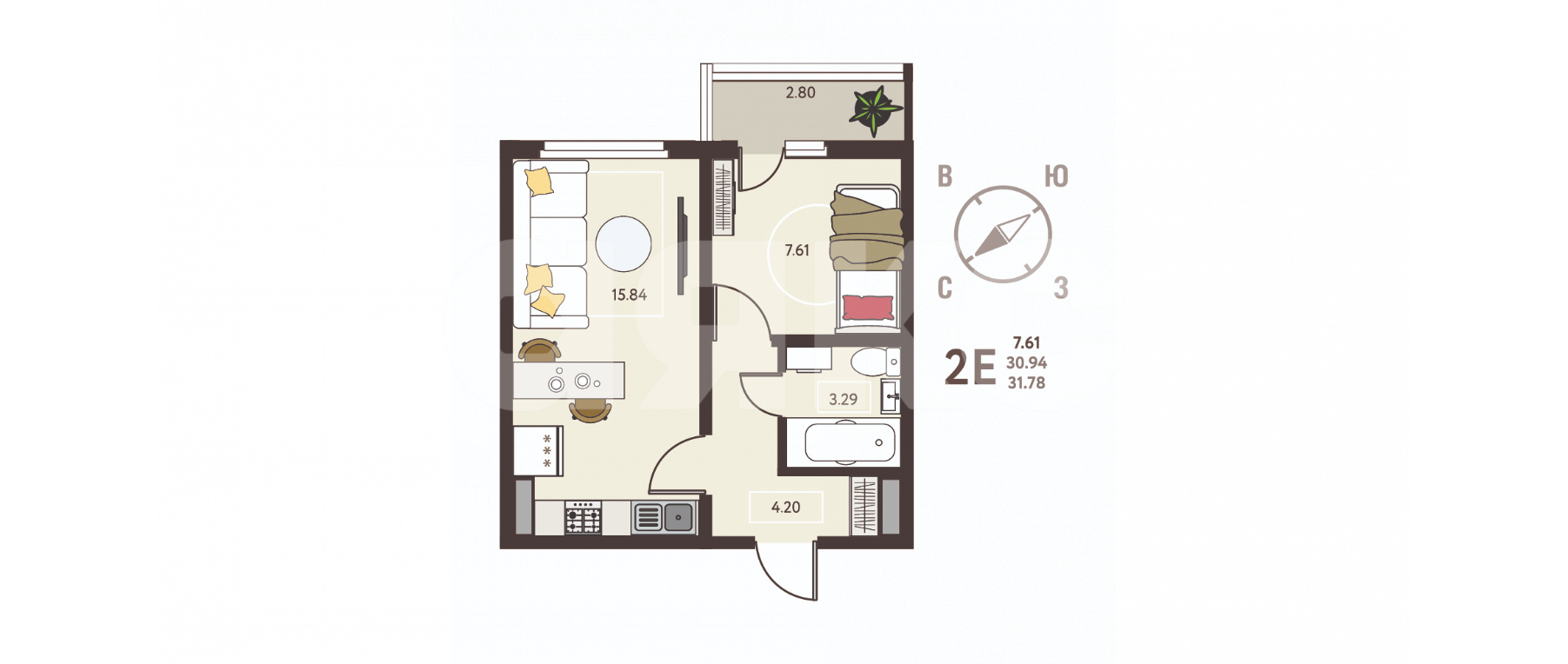 Фото №9: 2-комнатная квартира 31 м² - Липецк, ЖК Инстеп. Механизаторов, ул. Механизаторов, 15А