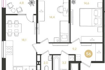 Фото №1: 2-комнатная квартира 66 м² - Краснодар, мкр. Прикубанский внутригородской округ, 