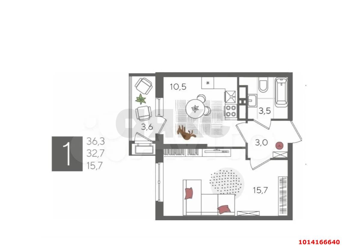 Фото №8: 1-комнатная квартира 36 м² - Краснодар, Черёмушки, ул. Новороссийская, 102/8