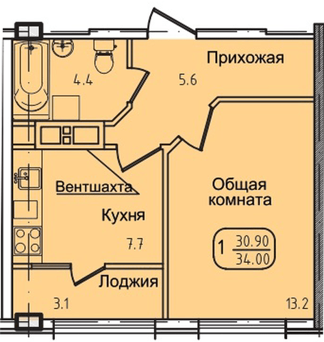 Фото №1: 1-комнатная квартира 34 м² - Яблоновский, ул. Луговая, 7/7