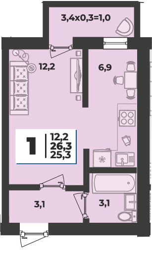 Фото №1: 1-комнатная квартира 26 м² - Новая Адыгея, мкр. жилой комплекс Дарград