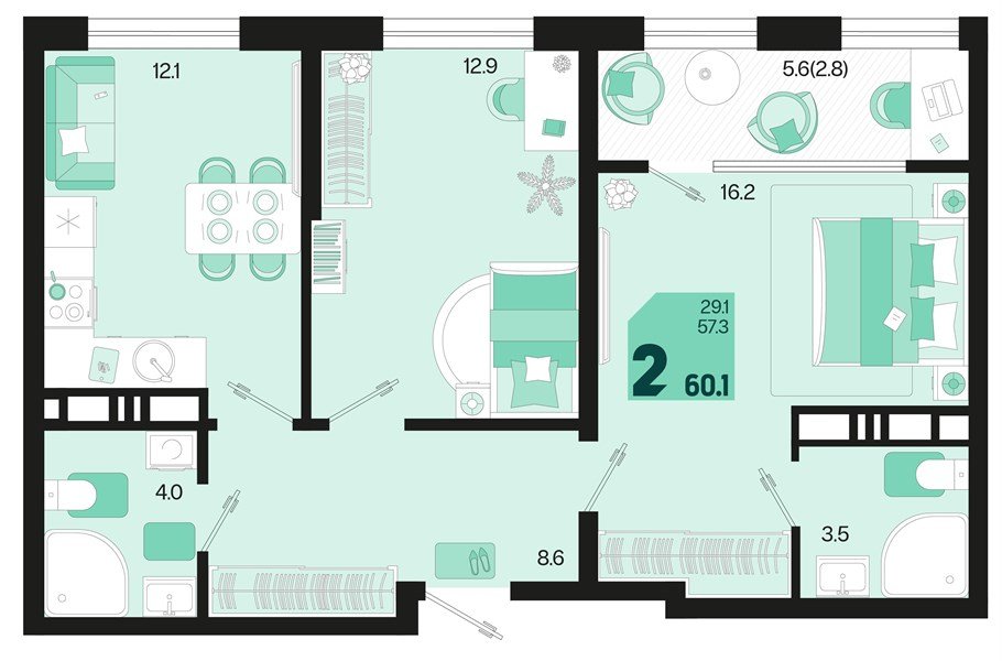 Фото №1: 2-комнатная квартира 60 м² - Краснодар, Карасунский внутригородской округ, 