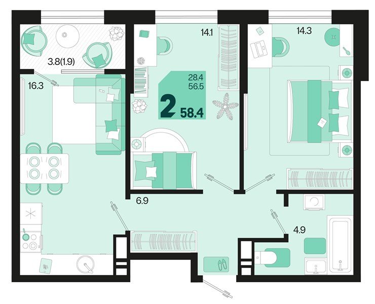 Фото №1: 2-комнатная квартира 58 м² - Краснодар, Карасунский внутригородской округ, 