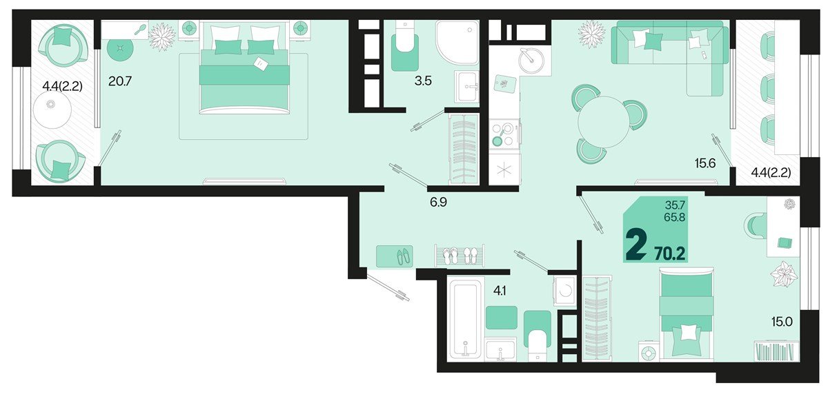 Фото №1: 2-комнатная квартира 70 м² - Краснодар, Карасунский внутригородской округ, 