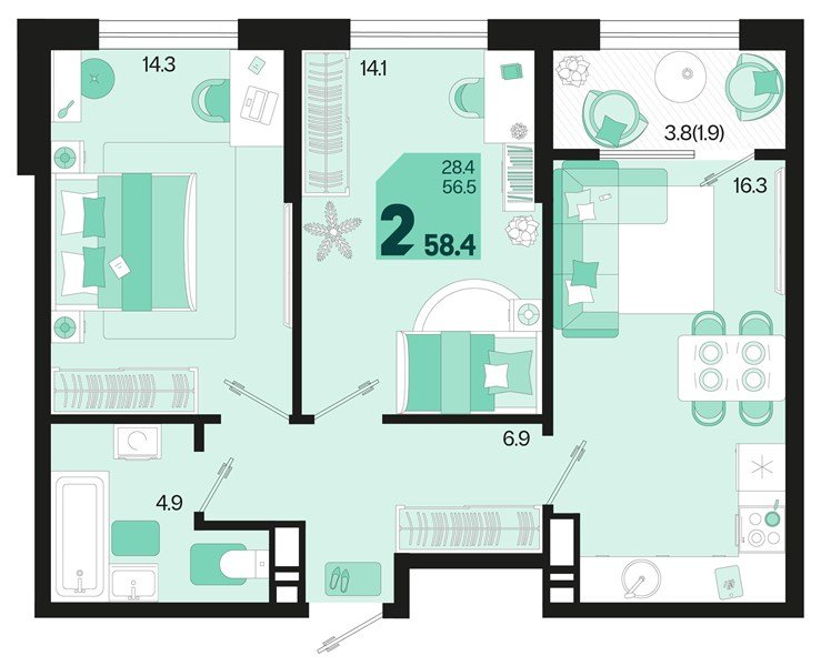 Фото №1: 2-комнатная квартира 58 м² - Краснодар, Карасунский внутригородской округ, 