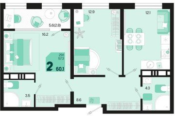 Фото №1: 2-комнатная квартира 60 м² - Краснодар, мкр. Карасунский внутригородской округ, 