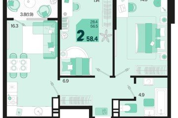 Фото №1: 2-комнатная квартира 58 м² - Краснодар, мкр. Карасунский внутригородской округ, 