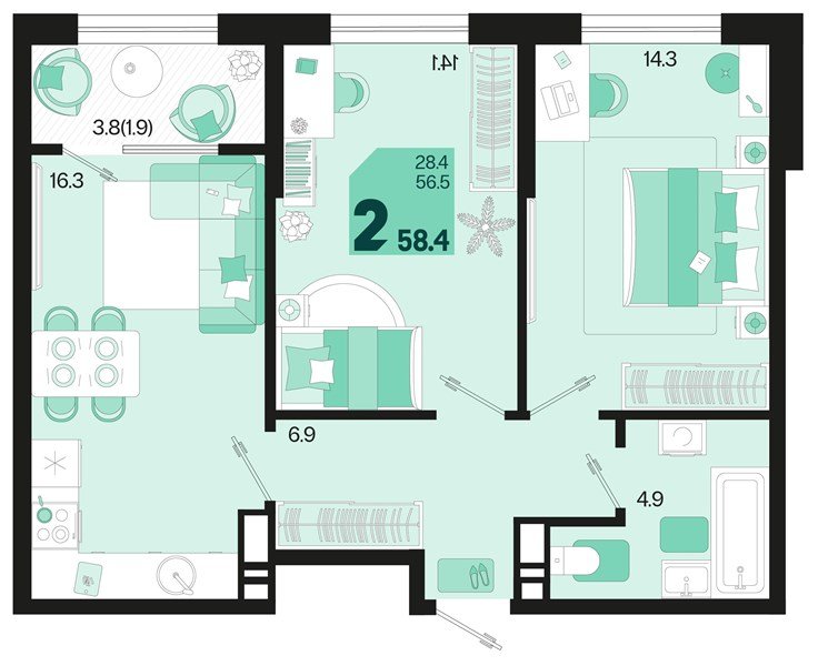Фото №1: 2-комнатная квартира 58 м² - Краснодар, Карасунский внутригородской округ, 