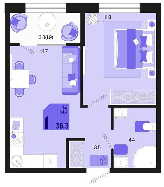 Фото №1: 1-комнатная квартира 36 м² - Краснодар, мкр. Карасунский внутригородской округ, ул. Виктора Казанцева, 1.3лит1