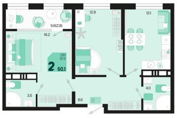Фото №1: 2-комнатная квартира 62 м² - Краснодар, мкр. ЖК Первое Место, ул. Виктора Казанцева, 1.3лит1