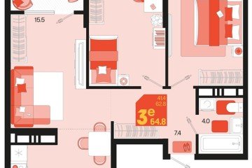 Фото №1: 2-комнатная квартира 66 м² - Краснодар, мкр. ЖК Первое Место, ул. Виктора Казанцева, 1.3лит1